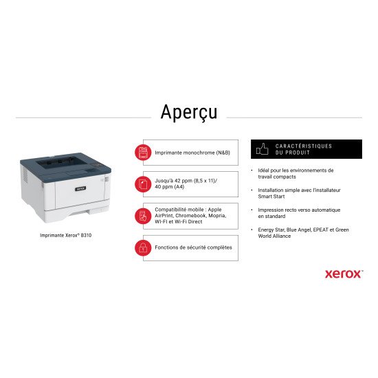 Xerox B310 Imprimante recto verso sans fil A4 40 ppm, PS3 PCL5e/6, 2 magasins Total 350 feuilles, UK