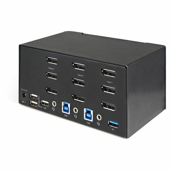 StarTech.com Commutateur KVM DisplayPort 2 Ports pour 3 Moniteurs - 4K 60Hz UHD HDR - KVM de Bureau DP 1.2 avec Hub USB 3.0 2 ports (5Gbps) et 4 Ports USB 2.0 HID, Audio - Commutation par Touches - TAA