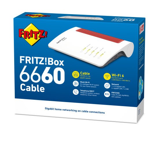 AVM FRITZ!Box FRITZ! BOX 6660 Cable routeur sans fil Gigabit Ethernet Bi-bande (2,4 GHz / 5 GHz) Noir, Rouge, Blanc