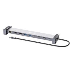 Manhattan Dock/hub USB-C avec lecteur de cartes et MST, 7 ports : Ethernet, 2x HDMI 4K@60Hz, 3x USB-A + USB-C, avec PD 100W - nécessite un chargeur USB-C externe (non inclus). Alimenté par USB (aucune alimentation externe requise) lorsque le PD n'est pas 