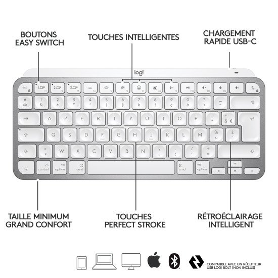 Logitech MX Keys Mini for Mac clavier RF sans fil + Bluetooth QWERTZ Allemand Argent, Blanc