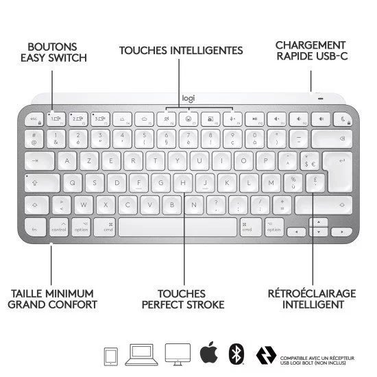 Logitech MX Keys Mini for Mac clavier RF sans fil + Bluetooth QWERTZ Allemand Argent, Blanc Logitech MX Keys Mini for Mac clavier RF sans fil + Bluetooth QWERTZ Allemand Argent, Blanc