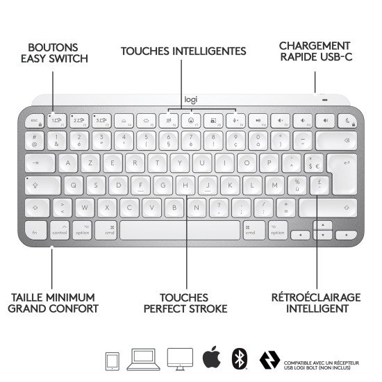 Logitech MX Keys Mini For Mac Minimalist Wireless Illuminated Keyboard clavier Bluetooth QWERTZ Chinois traditionnel Gris