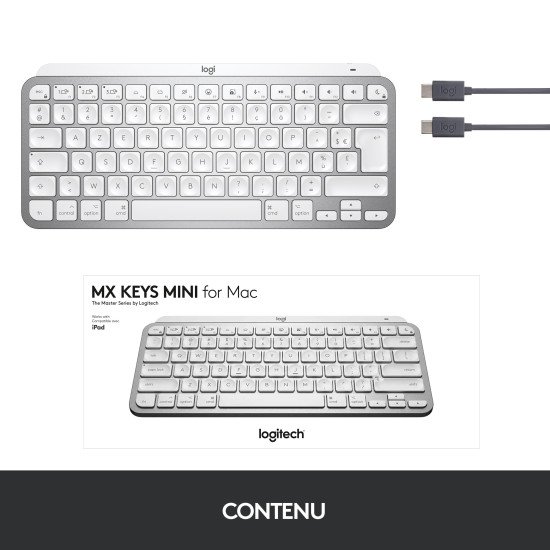 Logitech MX Keys Mini for Mac clavier RF sans fil + Bluetooth AZERTY Français Argent, Blanc