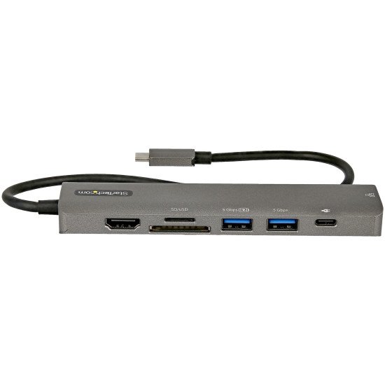 StarTech.com Adaptateur Multiport USB-C - USB Type C vers HDMI 2.0 4K 60Hz, Alimentation 100W Passthrough, SD/MicroSD, Hub 2 Ports USB 3.0 - GbE - Mini Dock USB-C - Câble Intégré 30cm