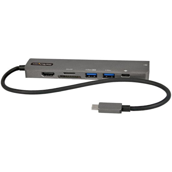 StarTech.com Adaptateur Multiport USB-C - USB Type C vers HDMI 2.0 4K 60Hz, Alimentation 100W Passthrough, SD/MicroSD, Hub 2 Ports USB 3.0 - GbE - Mini Dock USB-C - Câble Intégré 30cm