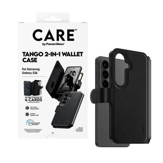 PanzerGlass CARE™ by ® Tango 2-in-1 Wallet Case w. Qi Samsung Galaxy S26 coque de protection pour téléphones portables Housse Transparent