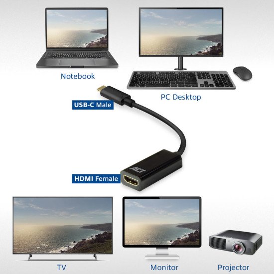 ACT AC7305 câble vidéo et adaptateur 0,15 m USB Type-C HDMI Type A (Standard) Noir