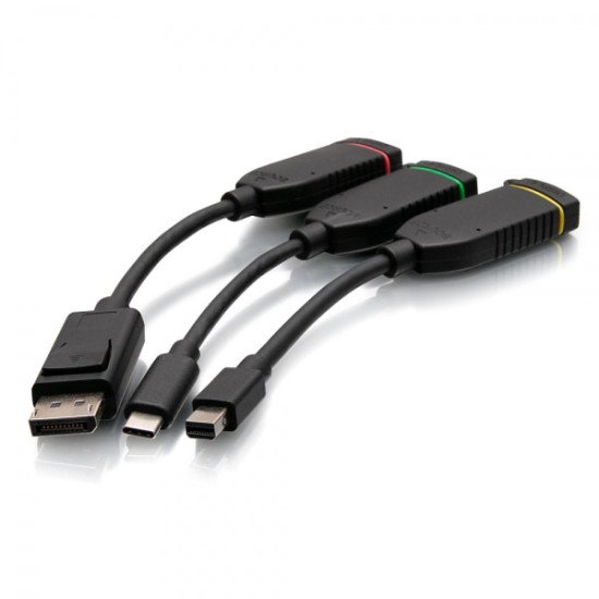 C2G Boucle d'adaptateurs dongle 4K HDMI® à boîtier universel rétractable avec Mini DisplayPort™, DisplayPort et USB-C® à code couleur