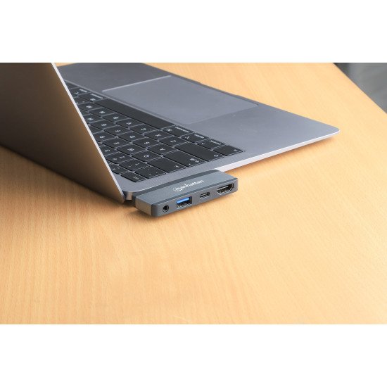 Manhattan Dock/hub de voyage USB-C, 4 ports : HDMI, USB-A, USB-C et audio 3,5 mm, avec Power Delivery (PD) 100 W - nécessite un chargeur USB-C externe (non inclus). Alimenté par USB (aucune alimentation externe requise) lorsque le PD n'est pas utilisé