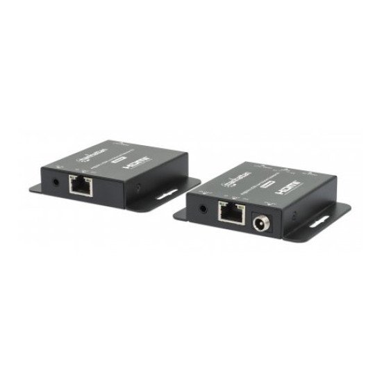 Manhattan Kit d'extension HDMI 4K sur Ethernet, étend 4K@30 Hz jusqu'à 40 m ou 1080p@60 Hz jusqu'à 70 m via câble Cat6, émetteur et récepteur, alimentation par câble (PoC), noir, garantie de 3 ans