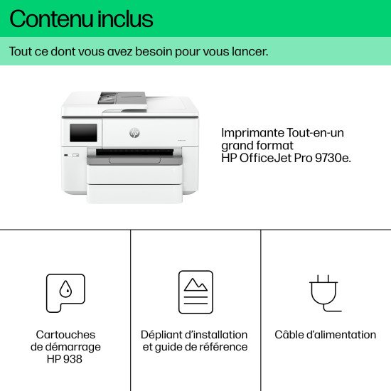 HP OfficeJet Pro Imprimante tout-en-un grand format HP 9730e, Couleur, Imprimante pour Petit bureau, Impression, copie, numérisation, HP+; Éligibilité HP Instant Ink; Sans fil; Impression recto-verso; Imprimer depuis un téléphone ou une tablette; Chargeur