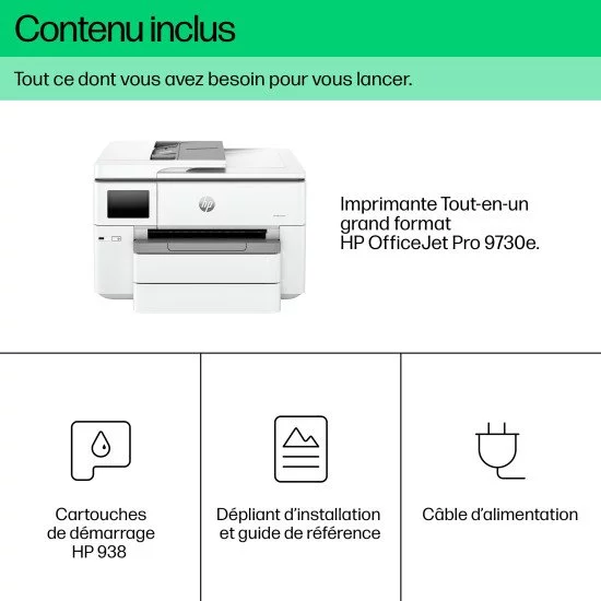 HP OfficeJet Pro Imprimante tout-en-un grand format HP 9730e, Couleur, Imprimante pour Petit bureau, Impression, copie, numérisation, HP+; Éligibilité HP Instant Ink; Sans fil; Impression recto-verso; Imprimer depuis un téléphone ou une tablette; Chargeur HP OfficeJet Pro Imprimante tout-en-un grand format HP 9730e, Couleur, Imprimante pour Petit bureau, Impression, copie, numérisation, HP+; Éligibilité HP Instant Ink; Sans fil; Impression recto-verso; Imprimer depuis un téléphone ou une tablette; Chargeur