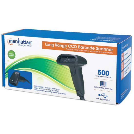 Manhattan Scanner de codes-barres CCD portable longue portée, USB, profondeur de lecture 500 mm, câble 1,5 m, lumière ambiante max. 10 000 lux, noir, garantie 3 ans