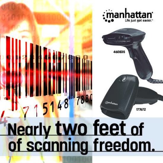 Manhattan Scanner de codes-barres CCD portable longue portée, USB, profondeur de lecture 500 mm, câble 1,5 m, lumière ambiante max. 10 000 lux, noir, garantie 3 ans