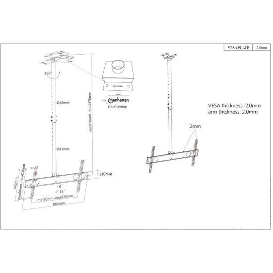 Manhattan Support plafond pour TV/moniteurs, pour écrans de 37" à 75", hauteur réglable 105–156 cm, Compatibilité VESA : de 200x200 à 800x400 mm (vérifiez les dimensions des quatre trous de fixation à l'arrière), charge max. 50 kg