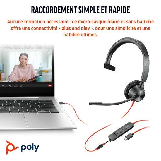 POLY Micro-casque Blackwire 3315 monaural USB-C + connexion 3,5 mm + adaptateur USB-C/A