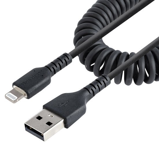 StarTech.com Câble USB vers Lightning de 1m - Certifié Mfi - Adaptateur USB Lightning Noir, Gaine durable en TPE - Cordon Chargeur Iphone/Lightning Spiralé en Fibre Aramide - Câble USB pour Iphone Très Résistant