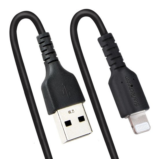 StarTech.com Câble USB vers Lightning de 1m - Certifié Mfi - Adaptateur USB Lightning Noir, Gaine durable en TPE - Cordon Chargeur Iphone/Lightning Spiralé en Fibre Aramide - Câble USB pour Iphone Très Résistant