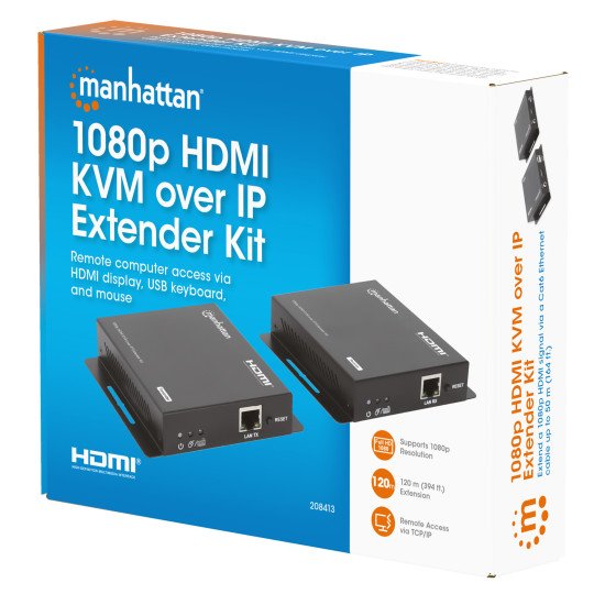 Manhattan Kit d'extension KVM HDMI 1080p sur IP, étend le signal 1080p@60 Hz jusqu'à 120 m via câble Ethernet Cat6 ou réseau IP, émetteur et récepteur, ports USB-A pour PC, souris et clavier, noir, garantie de 3 ans