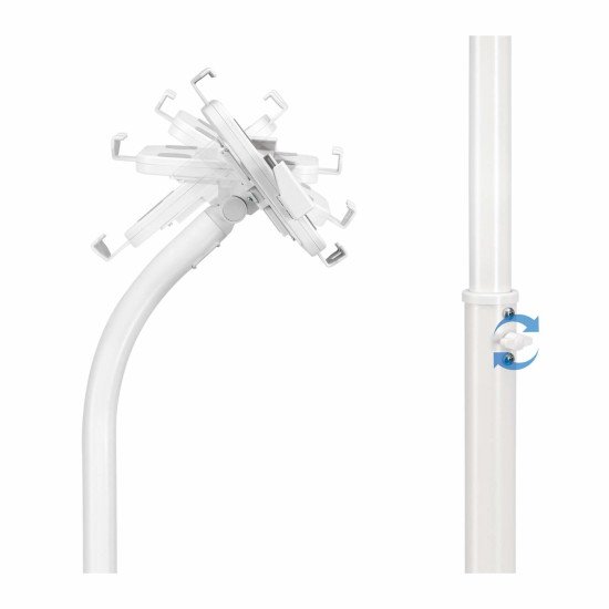 Manhattan Support de sol antivol pour tablette et iPad, universel, rotation 360°, inclinaison +20° à -110°, verrouillable, blanc, pour tablettes 7,9"–11", hauteur réglable 790 à 1190 mm, fixation à l'arrière au sol possible