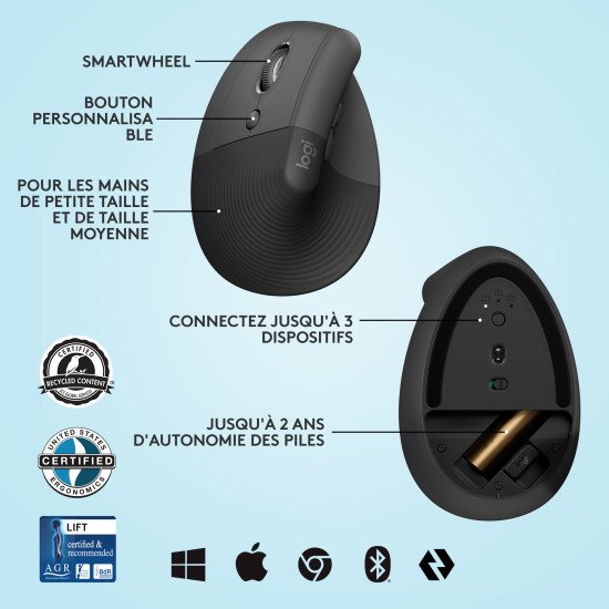 Logitech Lift souris Gauche RF sans fil + Bluetooth Optique 4000 DPI