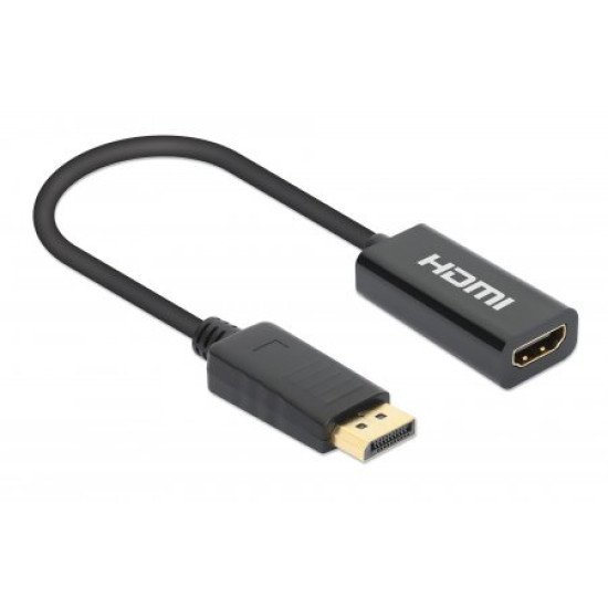 Manhattan Adaptateur actif DisplayPort 1.2 vers HDMI, 4K à 60 Hz, 15 cm, mâle vers femelle, DP avec verrouillage, non bidirectionnel, noir, garantie 3 ans, équivalent à DP2HD4K60S