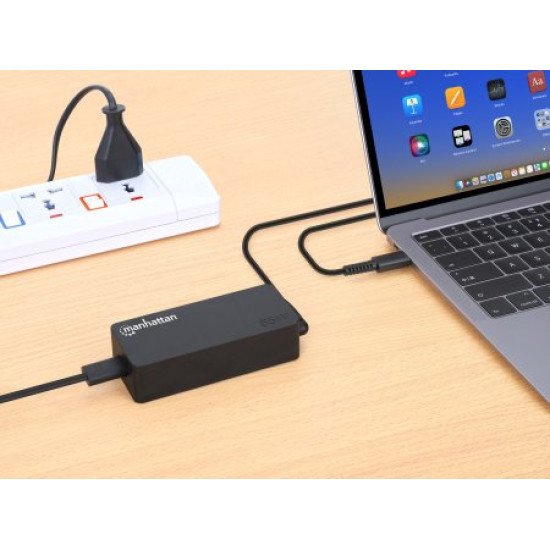 Manhattan Chargeur pour ordinateur portable USB-C Power Delivery 65 W, adaptateur secteur vers USB-C, tension universelle pour la plupart des ordinateurs portables, idéal en remplacement, avec câble secteur amovible et câble USB-C PD intégré, noir