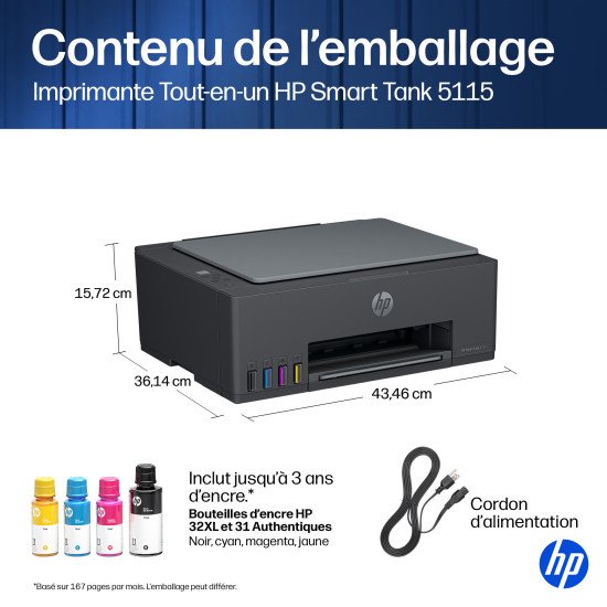 HP Smart Tank 5115 Sans fil All-in-One Couleur Imprimante, Up to 2 Years of ink included; Two-sided printing; Copier, Scanner