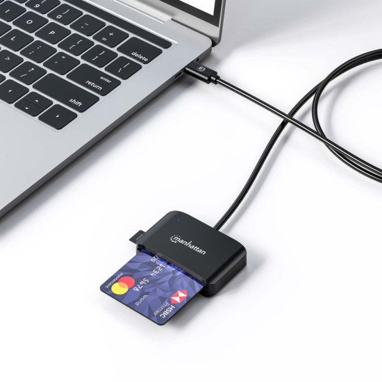 Manhattan Lecteur de cartes à puce à contact USB-C, avec emplacement microSD, connecteur USB-C mâle, compatible avec Windows, macOS et Linux, lit les cartes SIM avec adaptateur, câble de 1 m, noir, garantie de 3 ans