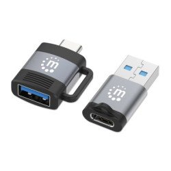 Manhattan Kit 2 pièces : adaptateurs USB-C vers USB-A et USB-A vers USB-C, conversions mâle/femelle, 5 Gbit/s (USB 3.2 Gen 1 / USB 3.0), noir/argent, garantie à vie
