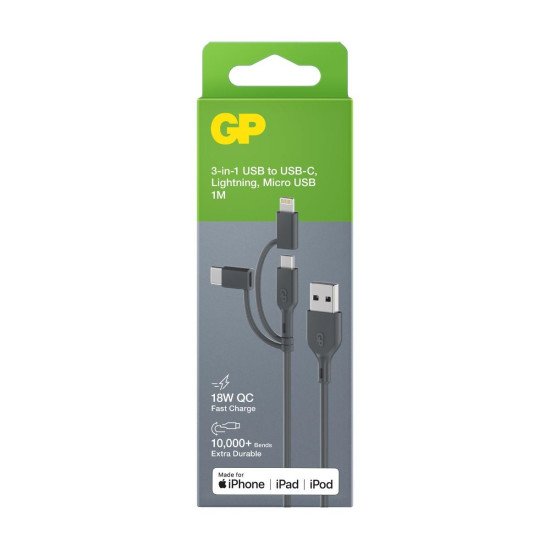 GP Batteries CY1N câble USB 1 m USB A USB C/Micro-USB B/Lightning Gris