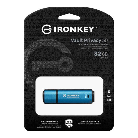 Kingston Technology IronKey Vault Privacy 50 lecteur USB flash 32 Go USB Type-A 3.2 Gen 1 (3.1 Gen 1) Bleu