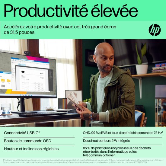 HP P32u G5 80 cm (31.5") 2560 x 1440 pixels Quad HD Noir HP P32u G5 80 cm (31.5") 2560 x 1440 pixels Quad HD Noir