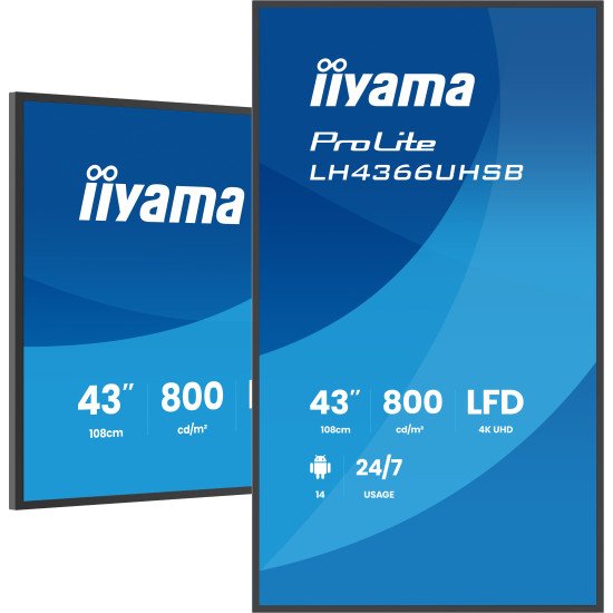 iiyama LH4366UHSB-B1AG Écran d'affichage dynamique Écran plat de signalisation numérique 109,2 cm (43") LCD Wifi 800 cd/m² 4K Ultra HD Noir Intégré dans le processeur Android 24/7