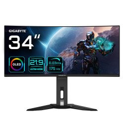 GIGABYTE Moniteur de jeu courbé OLED WQHD MO34WQC 34" - 3440 x 1440, 175Hz, 0.03ms, KVM, 250 cd/m², FreeSync Premium Pro, DisplayHDR True Black 400, HDMI 2.1, Displayport 1.4 GIGABYTE Moniteur de jeu courbé OLED WQHD MO34WQC 34" - 3440 x 1440, 175Hz, 0.03ms, KVM, 250 cd/m², FreeSync Premium Pro, DisplayHDR True Black 400, HDMI 2.1, Displayport 1.4
