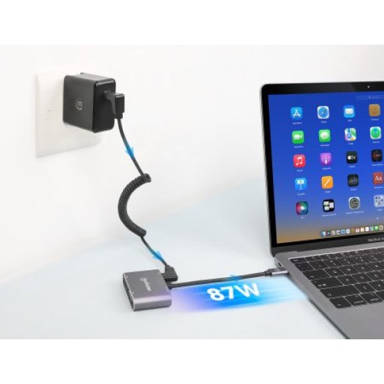 Manhattan Dock/hub USB-C, 4 ports : HDMI, USB-A, USB-C et VGA, avec Power Delivery (PD) 87 W - nécessite un chargeur USB-C externe (non inclus). Alimenté par USB (aucune alimentation externe requise) lorsque le PD n'est pas utilisé, aluminium