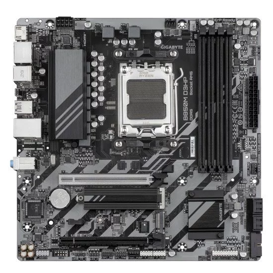 GIGABYTE B850M D3HP Carte Mère - Processeurs AMD Ryzen Série 9000, 5+2+2 phases VRM numériques, jusqu'à 8200MHz DDR5 (OC), 1xPCIe 5.0 + 1xPCIe 4.0 M.2, LAN GbE, USB 3.2 Gen 2 GIGABYTE B850M D3HP Carte Mère - Processeurs AMD Ryzen Série 9000, 5+2+2 phases VRM numériques, jusqu'à 8200MHz DDR5 (OC), 1xPCIe 5.0 + 1xPCIe 4.0 M.2, LAN GbE, USB 3.2 Gen 2