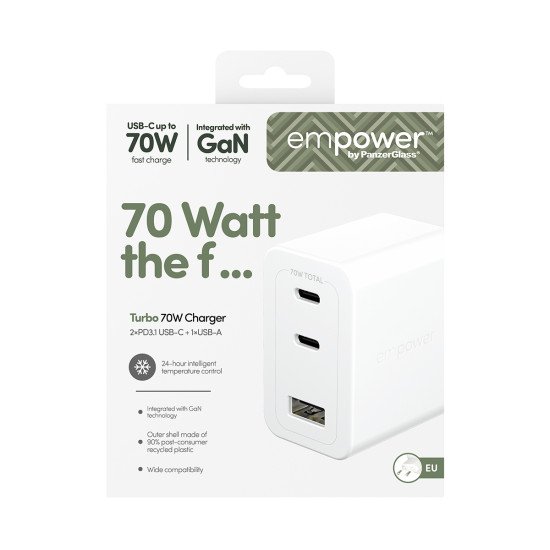 PanzerGlass empower by ® Turbo 70W Multiple Charger incl. 2 x USB-C + USB-A | EU Plug | Silver White Protection d'écran transparent Universel 1 pièce(s)
