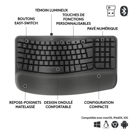 Logitech Wave Keys clavier ergonomique sans fil avec repose-poignets rembourré