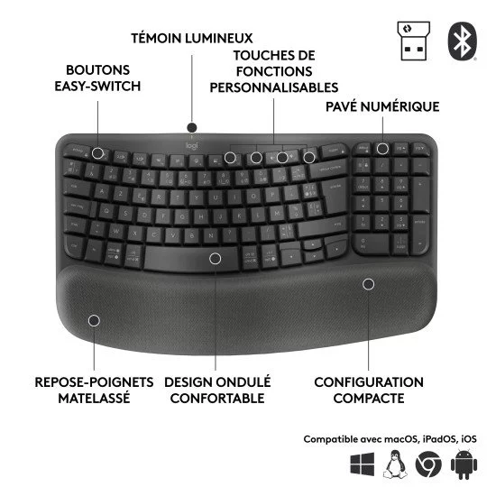 Logitech Wave Keys clavier ergonomique sans fil avec repose-poignets rembourré Logitech Wave Keys clavier ergonomique sans fil avec repose-poignets rembourré