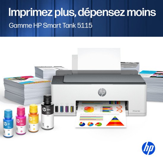 HP Smart Tank 5115 Sans fil All-in-One Couleur Imprimante, Up to 2 Years of ink included; Two-sided printing; Copier, Scanner