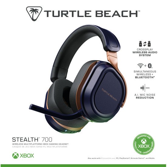 Turtle Beach Casque gaming amplifié multiplateforme sans fil Stealth 700 pour Xbox Series X|S, Xbox One, PC et mobile - Haut-parleurs 60 mm, microphone avec isolation acoustique par l'IA, Bluetooth. Batterie 80 heures – Cobalt Turtle Beach Casque gaming amplifié multiplateforme sans fil Stealth 700 pour Xbox Series X|S, Xbox One, PC et mobile - Haut-parleurs 60 mm, microphone avec isolation acoustique par l'IA, Bluetooth. Batterie 80 heures – Cobalt