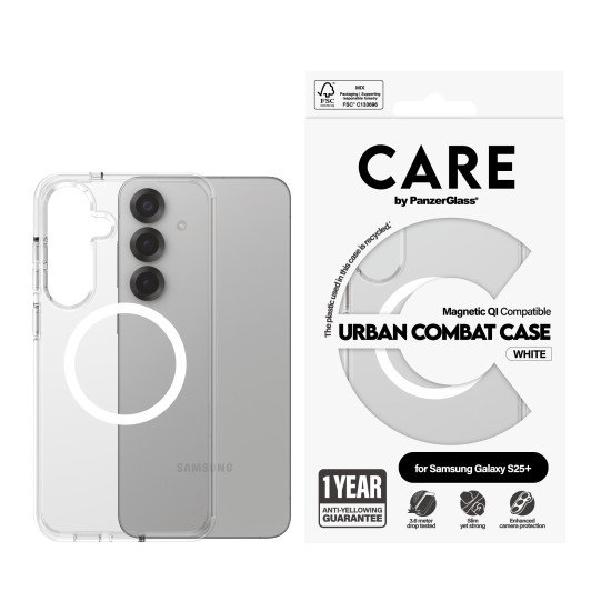 PanzerGlass CARE by ® Flagship Case Transparent Urban Combat w. White Qi Compatible Samsung Galaxy S25+ coque de protection pour téléphones portables Housse PanzerGlass CARE by ® Flagship Case Transparent Urban Combat w. White Qi Compatible Samsung Galaxy S25+ coque de protection pour téléphones portables Housse