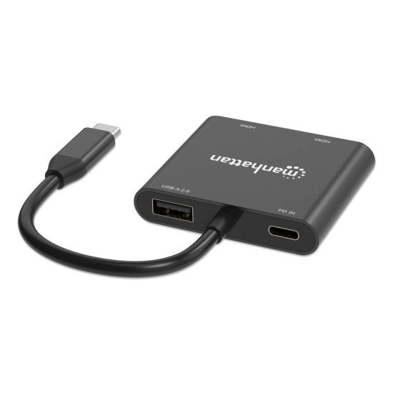 Manhattan Adaptateur USB-C vers double HDMI + USB-A, double 4K@30Hz ou 4K@60Hz (un écran), PD 100 W, 480 Mbit/s (USB 2.0), câble 15 cm, noir, garantie 3 ans