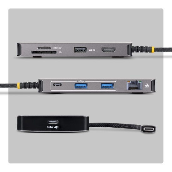 StarTech.com Adaptateur Multiport USB-C avec HDMI 4K 60Hz, 140W Power Delivery, Hub USB 10Gbps, GbE, Slots SD et MicroSD, Mini Dock Plug-and-Play pour PC Dell, HP, Lenovo