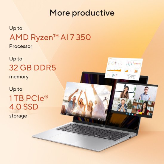 ASUS Vivobook 16 M1607KA-MB5NDW Copilot+ PC AMD Ryzen AI 5 330 Ordinateur portable 40,6 cm (16") WUXGA 16 Go DDR5-SDRAM 512 Go SSD Wi-Fi 6 (802.11ax) Windows 11 Home Belge Bleu, Argent