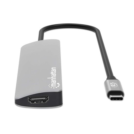 Manhattan Dock/hub USB-C avec lecteur de cartes, 5 ports : HDMI, 2x USB-A + 2x USB-C, avec Power Delivery (PD) 100 W - nécessite un chargeur USB-C externe (non inclus). Alimenté par USB (aucune alimentation externe requise) lorsque le PD n'est pas utilisé