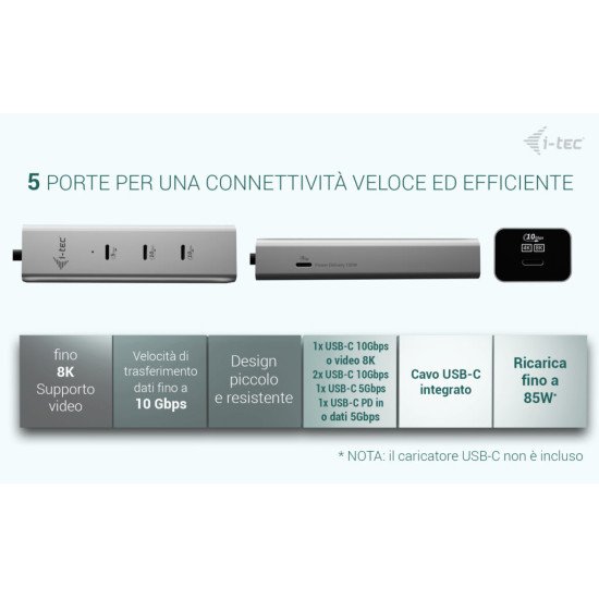 i-tec Metal USB-C Charging HUB 5port with USB-C video 8K + Power Delivery 85W