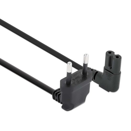Manhattan Câble d'alimentation en angle, prise européenne 2 broches (CEE 7/16 Europlug) vers connecteur C7 femelle (figure en huit), 2 m, 2,5 A, noir, câble secteur, garantie à vie